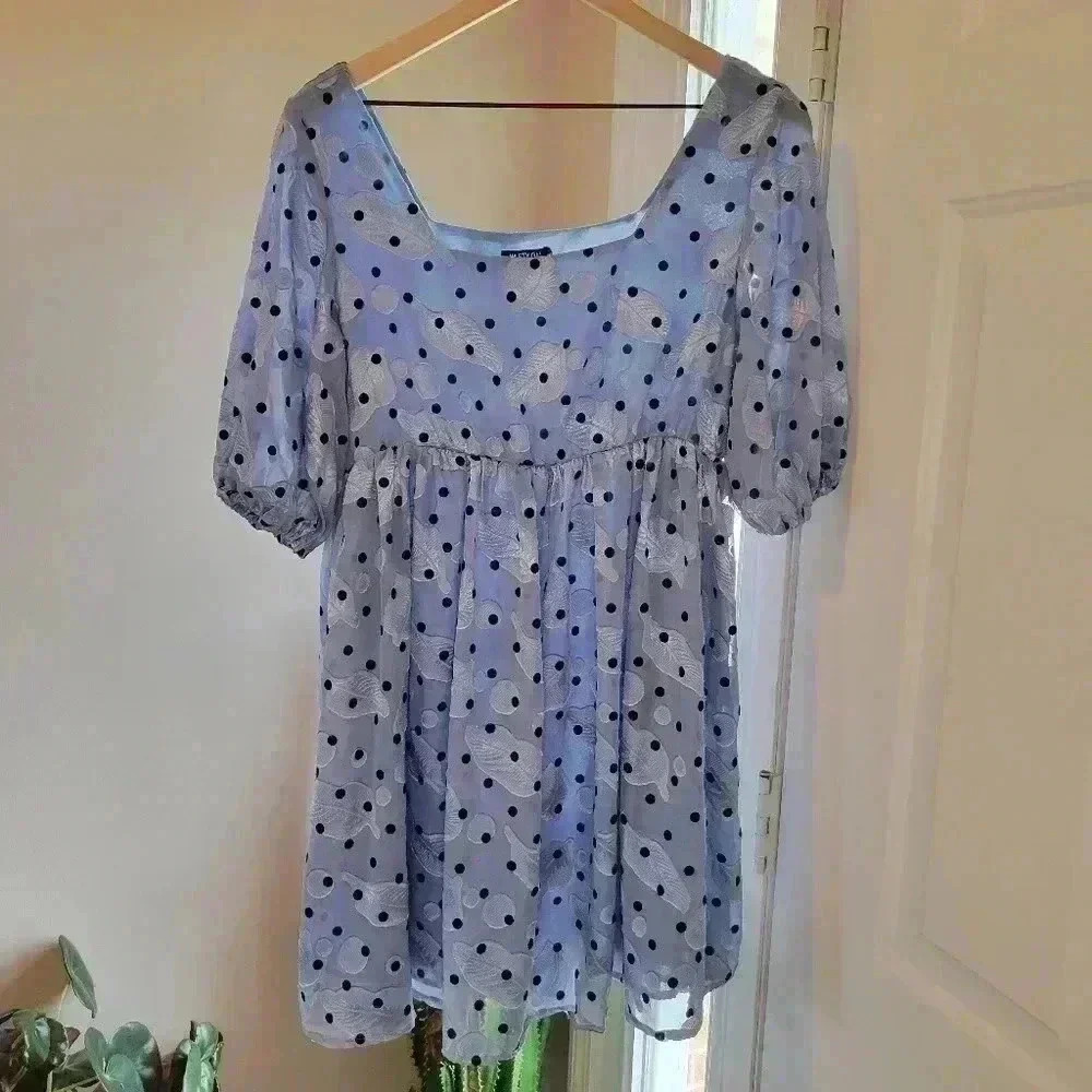 Nasty Gal Blue Feather Poka-Dot Printed Mini Dress, Size 8